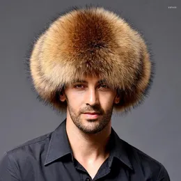 Berets Homens Real Raccoon Fur Trapper Hat Sheepskin Bomber Earmuffs Caps Russo Tamanho Ajustável