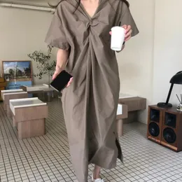 Casual Dresses Front and Back Two Wear Design Retro V-Neck Personlighet Pleated Loose Dress Kort ärm Ins Sydkorea Summer