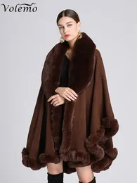 Shawls Volemo Winter Elegant v Lapel Faux Rex Rabbit Fur Coat Cape Women Big Long Shawl Full Trim Knit Cloak Overcoat Parka 231012