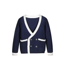 Cardigan ankomst stickade cardigans för stora pojkar England stil dubbel bröst rockar vår höst marinblå tonårs uniform tröja 231012