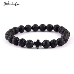 Little Minglou New Trendy Jesus Cross Charm Men Men Bracelets Black Lava Stone 8mm Beads Bracelets Barcelets for Women Jewelry281C