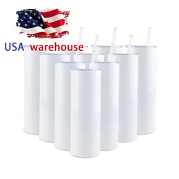 US / CA Warehouse Novos espaços em branco de sublimação de 20 onças Canecas de aço inoxidável com tampa Garrafa de água de palha Copo de acampamento ao ar livre Copos de beber isolados a vácuo 1101