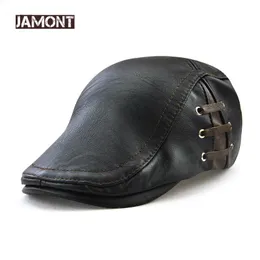 Berets JAMONT Fashion PU Leather Caps Windproof Man Beret Bandage Hat Spring Flat Cap Casquette Warm Side Strap Boina Masculina 231012