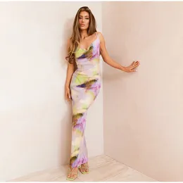 Casual Dresses Summer Tie-Dyed Printed Pleated Maxi Camisole For Women 2023 Sexig Sling Backless Dress Lady Party Evening Vestido