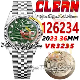 Temiz CF 126234 VR3235 Otomatik Unisex Watch Erkek Kadın İzle 36 Yeşil Palmiye Motifi Elmas İşaretleri Dial 904L Jubileesteel Bilezik Süper Baskı Sonsuzluk Çekişleri