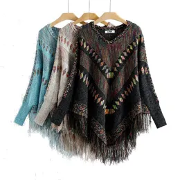 Shawls Women Vintage Patchwork Tassel Tricot Pullover Poncho Female Batwing Sleeve Oversize Knit Shawl ponchos and Capes sweaters 231012