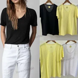 23SS Zadig Voltaire Women Designer Fashion Cotton TシャツNew Zadig Tops純粋な色ホットダイヤモンドリネンVネック短袖ティービーチティー