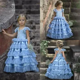 Flickaklänningar 2023 Blue Flower Spets Appliced ​​Ribbon Sleeveless golvlängd Pageant Dress Custom Made First Communion Gowns