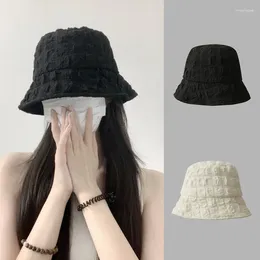 Berets Damen Sommer Eimer Hut Niedliche Kpop Sonnenschutz Hüte Seersucker Kappe Frauen Einfarbig Japan Stil 2023