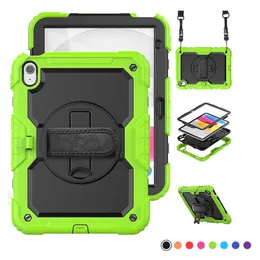 For iPad Air 4 5 10.9 10th Pro 11 inch Kids Shockproof Cases Rotating Stand Hand Strap Cover Heavy Duty Hybrid Full-body Protective Tablet Case with PET Screen Film