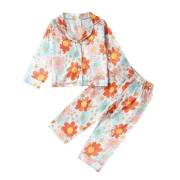 Pijamas infantis conjunto fofo floral estampa de vaca botão camisa de manga comprida e calças elásticas loungewear pijamas 231013