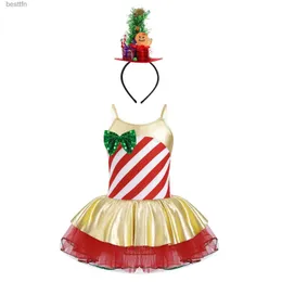 Costume a tema Kid Girls Paillettes a righe Elfo di Natale Party Cosplay Come Xmas Ballet Tutu Dress Pattinaggio di figura Body da ballo con cappello di Babbo NataleL231013