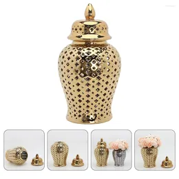 Garrafas de armazenamento Cerâmica oca Jar Arte doméstica Vaso de arranjo de flores artificiais