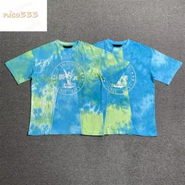 23ss Tie dye splicing color collision letter print pattern cotton round neck loose loose versatile men and women casual fashion t 222c