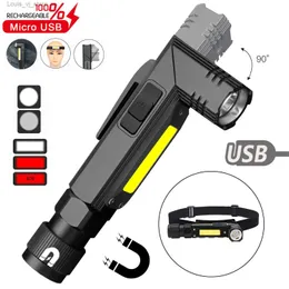 Flashlights Torches Super Bright LED Flashlight 90 Degree Twist Rotary Clip Torch USB Rechargeable Tactical Pocket Lights 5 Modes Built-in Battery YQ231013