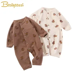 Rompers Romper Erkek Kızlar için Bear Waffle Waffle Sonbahar Bebek Tulum Koreli Toddler Kıyafet Bebek Onesie Doğum 231013