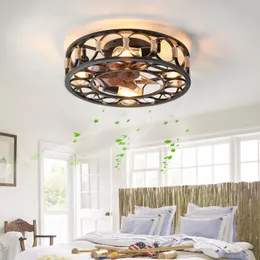 Caged Ceiling Fan with Lights Remote Control, Low Profile Flush Mount Farmhouse Modern Ceiling fans, 6 Speeds Reversible Blades, 5 LED Bulbs Include(Black)