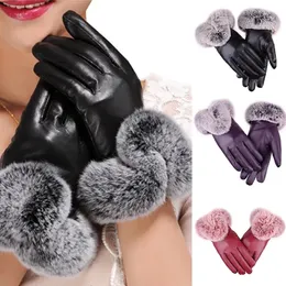 Fünf Finger Handschuhe Frauen Winter Faux Kaninchen PU Leder Touchscreen Fäustlinge Dame Weibliche Outdoor Fahren Warme 231012