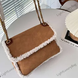Designer marrom camurça couro bolsa de ombro corrente de metal alça dupla v-line crossbody saco mensageiro saco de lã de cordeiro 231012