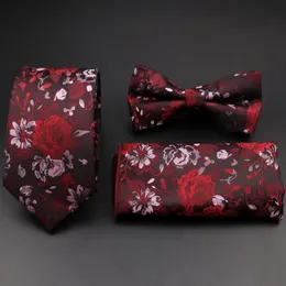 Bow Ties Red Rose Floral Tie Set Polyester Wave Meteor Fireworks Slips Bowtie For Groom Suit Wedding Cravat Shirt Accessory 231012