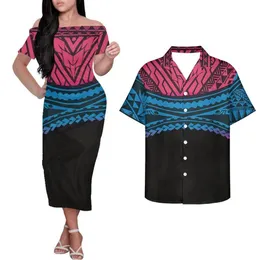 Vestidos casuais hycool verão inteiro para mulheres 2021 impressão tribal samoan fora do ombro vestido polinésia bodycon combinando homens camisa303k