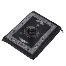 Carpets Islamic Prayer Braided Mat Zipper Compass Blankets Portable Travel Pocket Rug Rectangar Waterproof Carpet Drop Delivery Home Dhm9L