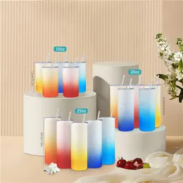 25oz sublimação copo de vidro pode cor gradiente criativo lantejoulas forma garrafa com tampa e palha verão drinkware suco307j