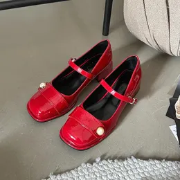 Dress Shoes Round Toe Mid Heel Mary Jane Women Red Thick Heels Women's Pumps Buckle Patent Leather Summer JK Lolita Girls