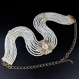 Other Fashion Accessories Sunspicems Women Beaded Waist Belt Chain Pearl Caftan Belt Gold Color Flower Buckle Adjustable Length Wedding Dress Jewelry 231013