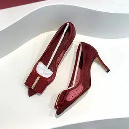 Scarpe eleganti Maglia verticale di alta qualità Tacchi alti da 7 cm Décolleté da donna Fiocco in vera pelle Accessori in metallo Testa a punta Matrimonio