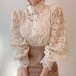 Women's Blouses Shirts Vintage White Lace Blouse Shirts Women Korean Button Loose Shirt Tops Female Hollow Casual Ladies Blouses Blusas 12419 231012