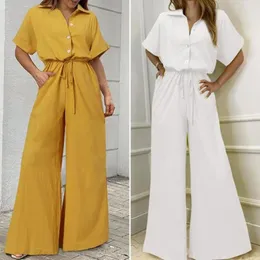 Frauen Zweiteilige Hosen Sommer Casual Overall Frauen Mode Spitze Up Hohe Taille Elegante Büro Damen Kurzarm Breite bein Strampler Für