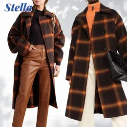 여자 자켓 겨울 두꺼운 느슨한 옷깃 우아한 긴 소매 격자 무늬 공생 한 코트과 코트 암컷 트렌치 2023 가을 코트 및 재킷 231012