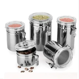 Stainless Steel Sealed Canister Coffee Flour Sugar Container Holder Cans Pots Storage Bottles Jar Transparent Cover Kjgpp