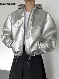 Erkekler Deri Sahte Deri Mauroicardi Sonbahar Kış Büyük Boy Serin Su Geçirmez Gümüş Pu Deri Ceket Erkekleri Kaput Zipper Lüks Y2K Street Giyim 231012