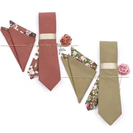 Neck Ties Luxury Patchwork Cotton Floral Solid 7cm Necktie Set Brooch Pin Handkerchief Men Wedding Party Floral Cravat Gift Accessory 231013