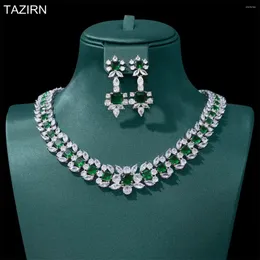 Necklace Earrings Set TAZIRN 2PCS Bridal Zirconia Full For Women Party Prom Luxury Dubai Nigeria CZ Crystal Wedding Gifts