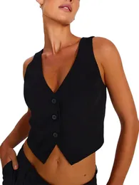 女性の革のフェイクレザーノースリーブvネックボタン女性Sベスト - カジュアルデイリーウェア用のソリッドカラーアウトウェアジレ231012