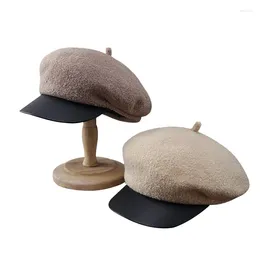 Bérets hiver chaud laine Sboy chapeaux plats pour femmes mode cuir bord octogonal casquette couleur unie cachemire rétro britannique chapeau