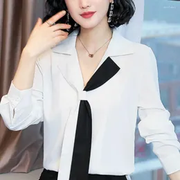 女性のブラウスBlusas Mujer de Moda 2023 Chiffon Blouse Shirt Women Cless Clouse Leng Sleeve Bow V-Neck Office Tops C581