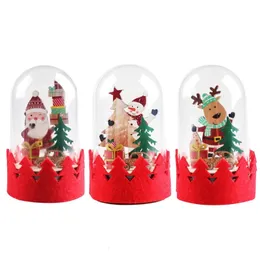 Juldekorationer Julen Mini Santa Snowman Elk Prydnad med lampskärm Led Light Up Transparent Glowing Snow Globe Desktop Year Drop Ship 231013