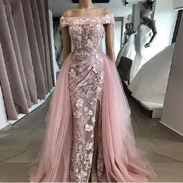 Sexy Prom Dresses Pink Off Shoulder Illusion Lace Appliques Flowers Mermaid Side Split Overskirts Party Evening Gowns Sweep Train