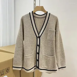 Maglia da donna con perline ricamate Cappotto in maglione di cashmere da donna Tasca Cardigan allentato casual con scollo a V monopetto a maniche lunghe da donna