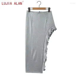 Skirts Autumn Women Asymmetric Knitted Midi Female Casual High Waist Side Slit Loose Street Clothing LUJIA ALAN P5059