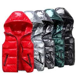 Women's Vests Women's Winter Sleeveless Solid Color Hooded Bread Jacket Shiny Warm Elastic Hem Pocket Bright Color Quilted Vest Daily Wea 231012