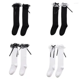 Men's Socks Women Girls Lolita Cotton Knee High Long Sweet Ruffles Lace Trim Bowknot Japanese Kawaii Stockings Cosplay Hosiery