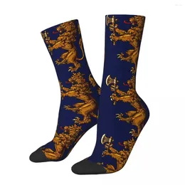 Men's Socks Happy Heraldic Vintage Golden Lion And Damask Hip Hop Seamless Crew Sock Gift Pattern Printed