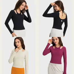 LU-1576 Chemisier de Yoga à manches longues pour femmes, couleur unie, rayures fines, sport, Fitness, col rond, Jogging, vêtements de sport respirants, 2.0