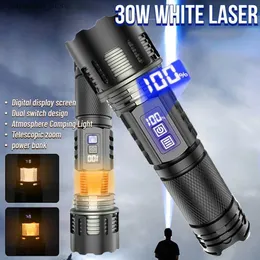 Facklor 30W White Laser LED Strong Light Long-Distance ficklampa Teleskopisk Zoom Spotlight Digital Display utomhus bärbar fackla Q231013