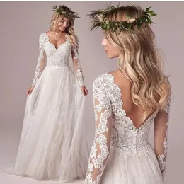 Abiti da sposa bohémien a maniche lunghe Applicazioni in pizzo Abiti da sposa da spiaggia a linea con scollo a V Abiti da sposa lunghi avorio eleganti